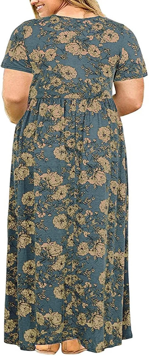 Plus Size Dresses for Women Funny Floral Printed Short Sleeve Casual Maxi Dress Round Neck Pleated Vacation Dresses