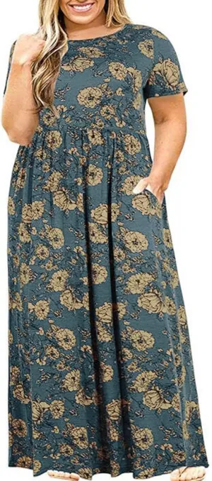 Plus Size Dresses for Women Funny Floral Printed Short Sleeve Casual Maxi Dress Round Neck Pleated Vacation Dresses