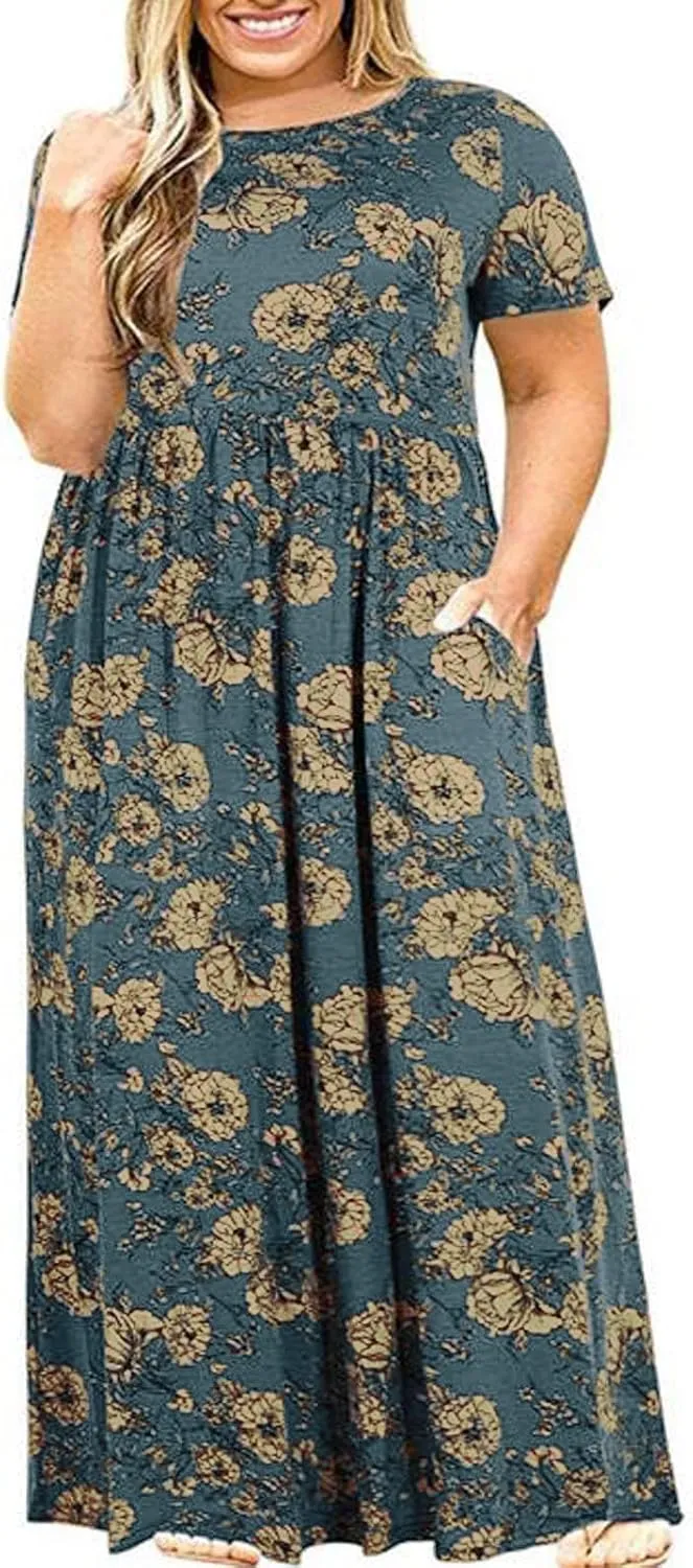 Plus Size Dresses for Women Funny Floral Printed Short Sleeve Casual Maxi Dress Round Neck Pleated Vacation Dresses