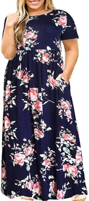Plus Size Dresses for Women Funny Floral Printed Short Sleeve Casual Maxi Dress Round Neck Pleated Vacation Dresses