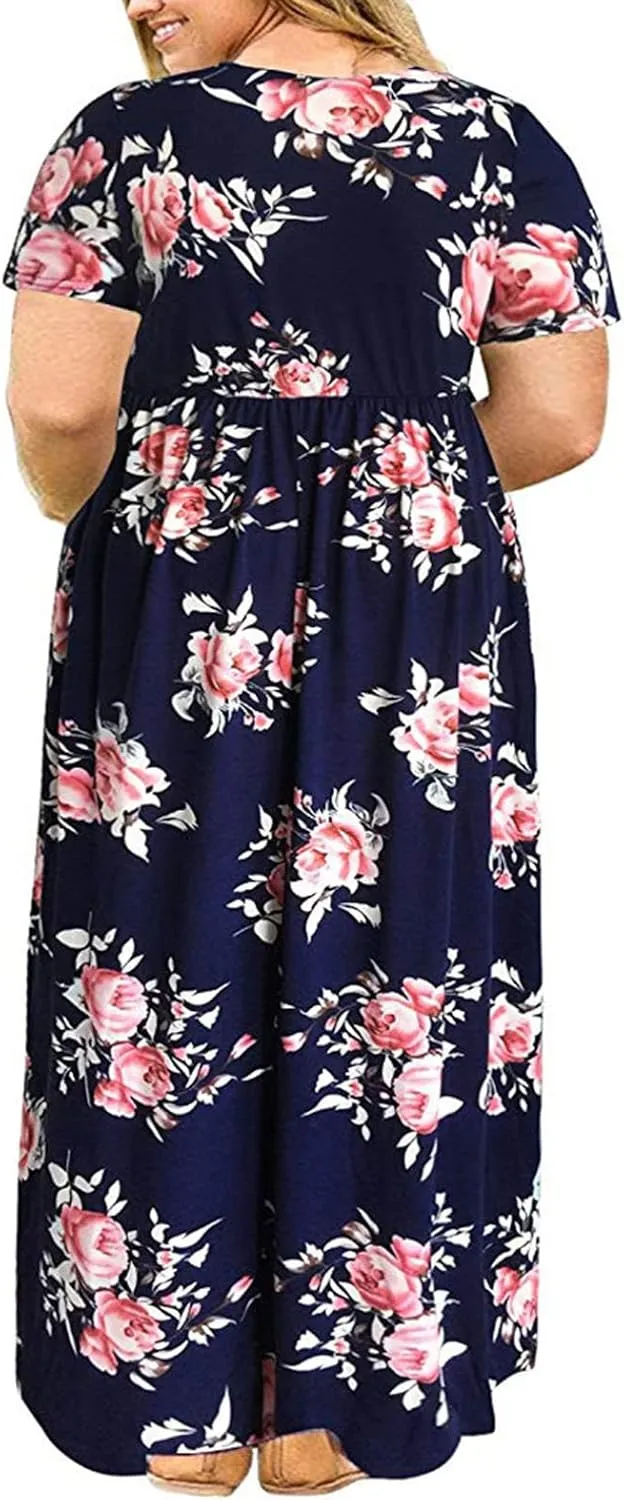Plus Size Dresses for Women Funny Floral Printed Short Sleeve Casual Maxi Dress Round Neck Pleated Vacation Dresses