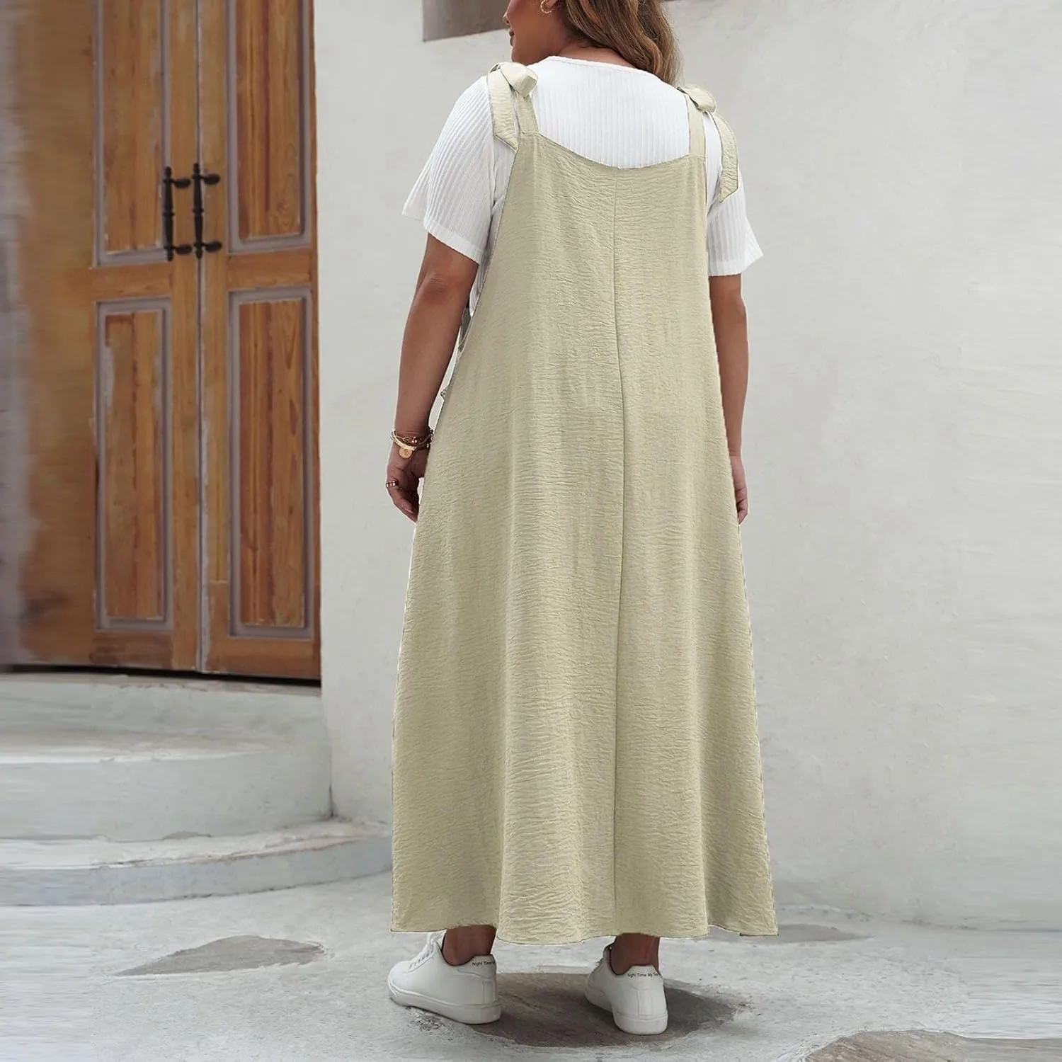 Plus Size Dresses for Women Solid Color Bow Knot Strap Ruffle Swing Casual Dress Square Neck Sleeveless Summer Dress