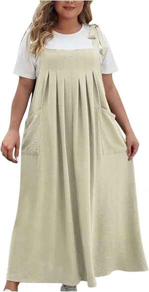 Plus Size Dresses for Women Solid Color Bow Knot Strap Ruffle Swing Casual Dress Square Neck Sleeveless Summer Dress