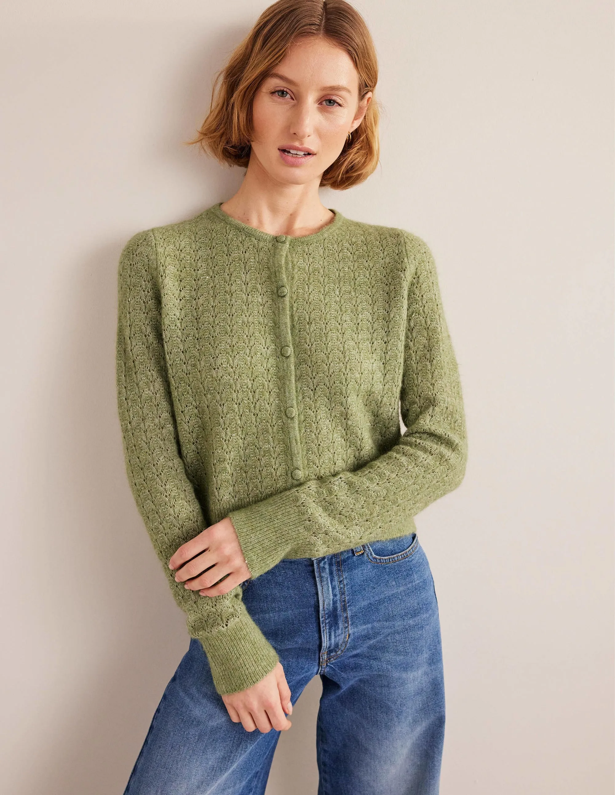 Pointelle Long-Sleeve Cardigan-Stone Green