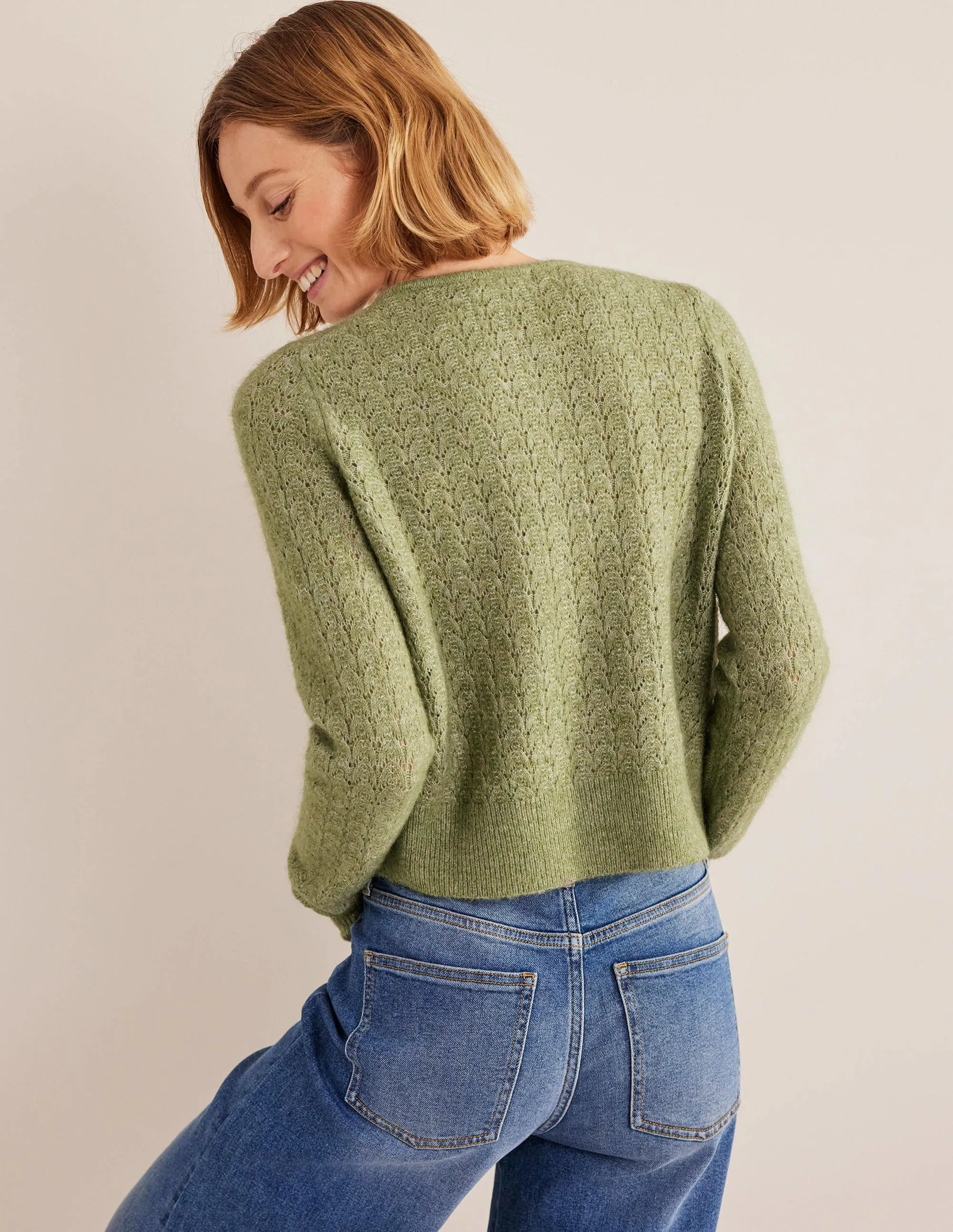 Pointelle Long-Sleeve Cardigan-Stone Green