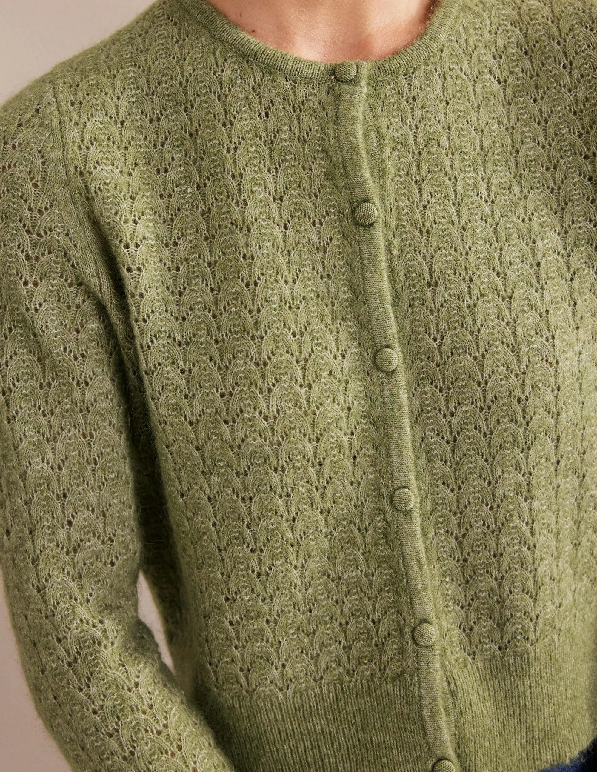 Pointelle Long-Sleeve Cardigan-Stone Green