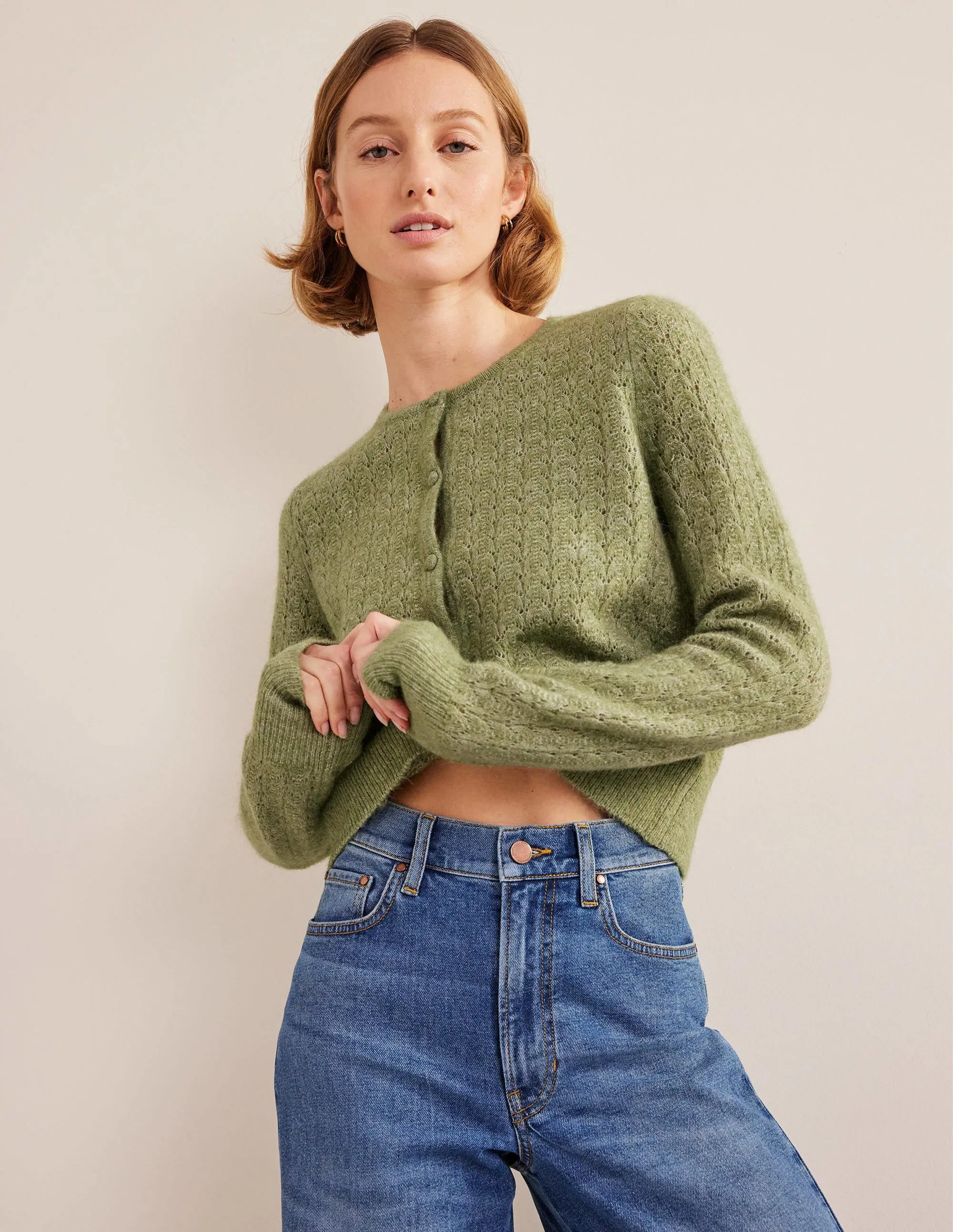 Pointelle Long-Sleeve Cardigan-Stone Green
