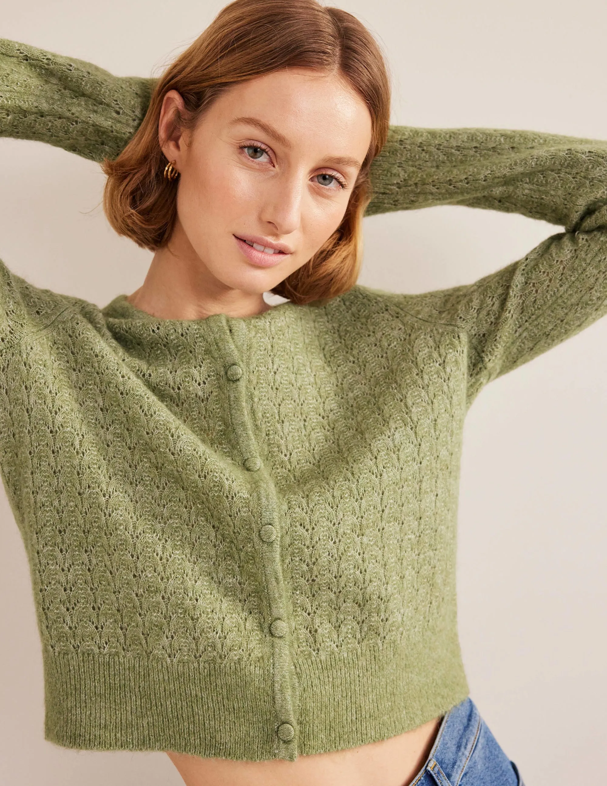 Pointelle Long-Sleeve Cardigan-Stone Green