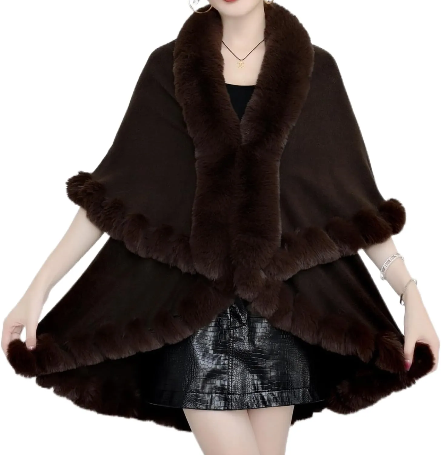Ponchos for Women Faux Rabbit Fur Cardigan Cloak Winter Warm Shawl Hooded Poncho Sweater Cape Coat