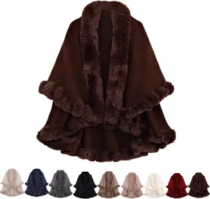 Ponchos for Women Faux Rabbit Fur Cardigan Cloak Winter Warm Shawl Hooded Poncho Sweater Cape Coat