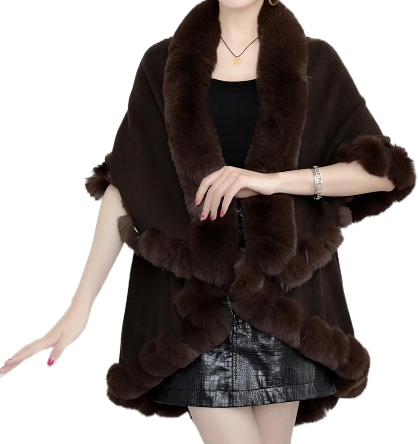 Ponchos for Women Faux Rabbit Fur Cardigan Cloak Winter Warm Shawl Hooded Poncho Sweater Cape Coat