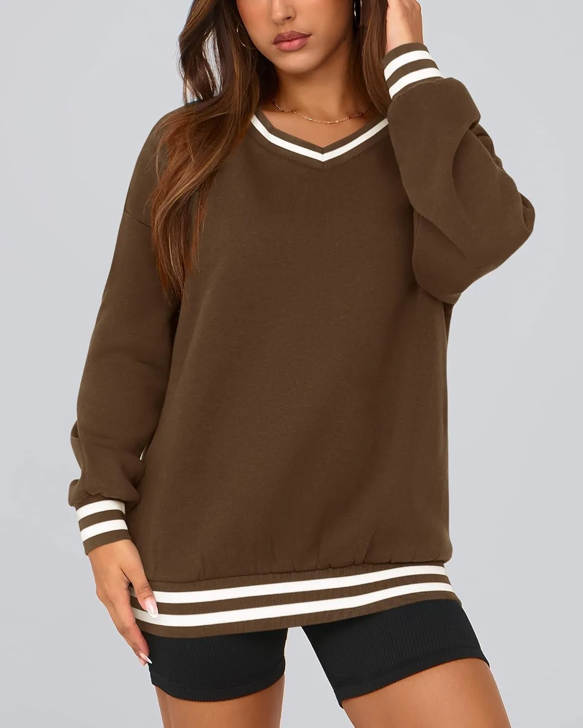 PRETTYGARDEN Women's Oversized Sweatshirts Casual Long Sleeve Stripes Knit V Neck Pullover Top Spring Teens Preppy Clothes