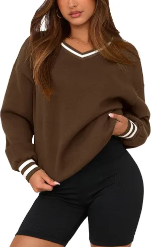 PRETTYGARDEN Women's Oversized Sweatshirts Casual Long Sleeve Stripes Knit V Neck Pullover Top Spring Teens Preppy Clothes