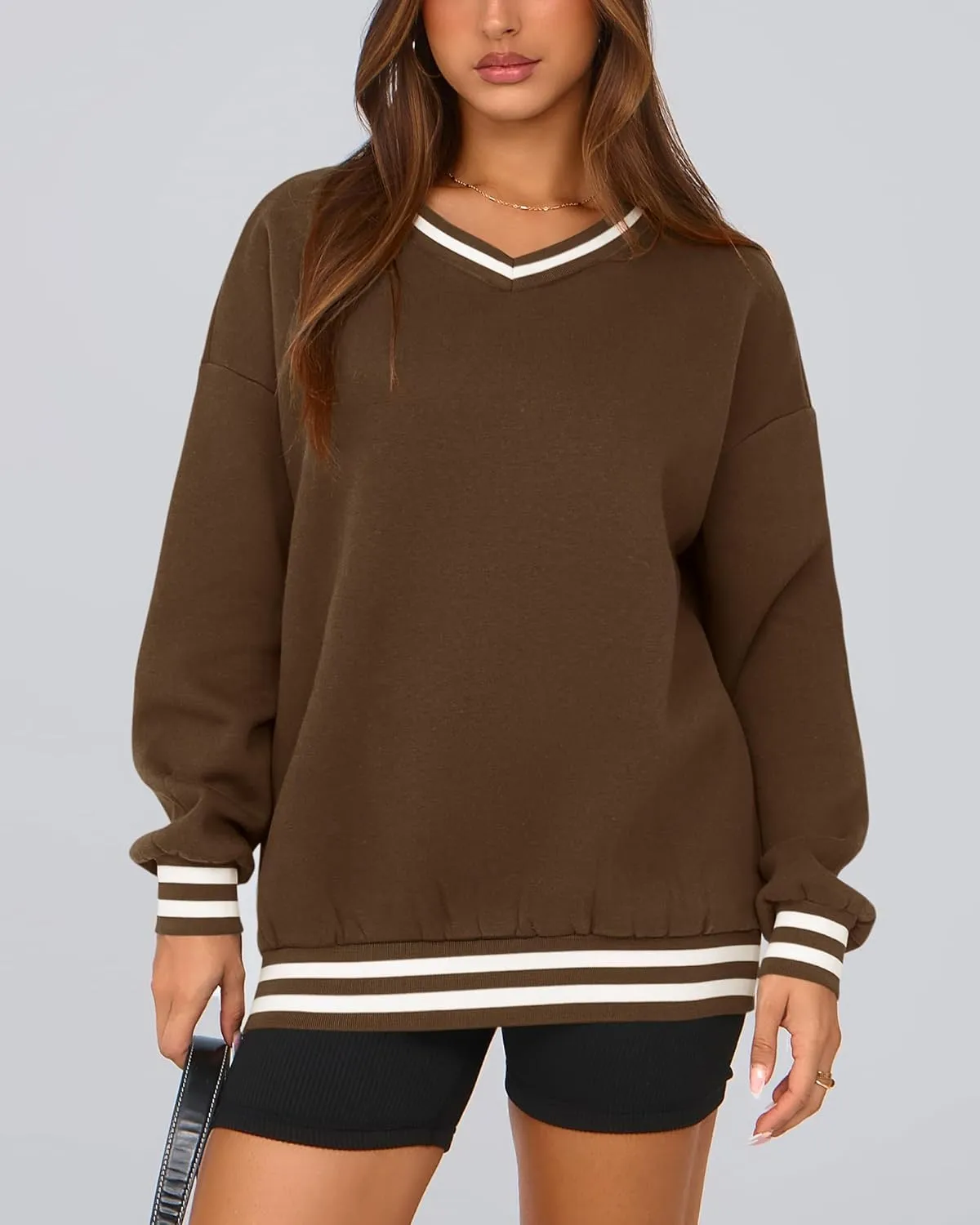 PRETTYGARDEN Women's Oversized Sweatshirts Casual Long Sleeve Stripes Knit V Neck Pullover Top Spring Teens Preppy Clothes