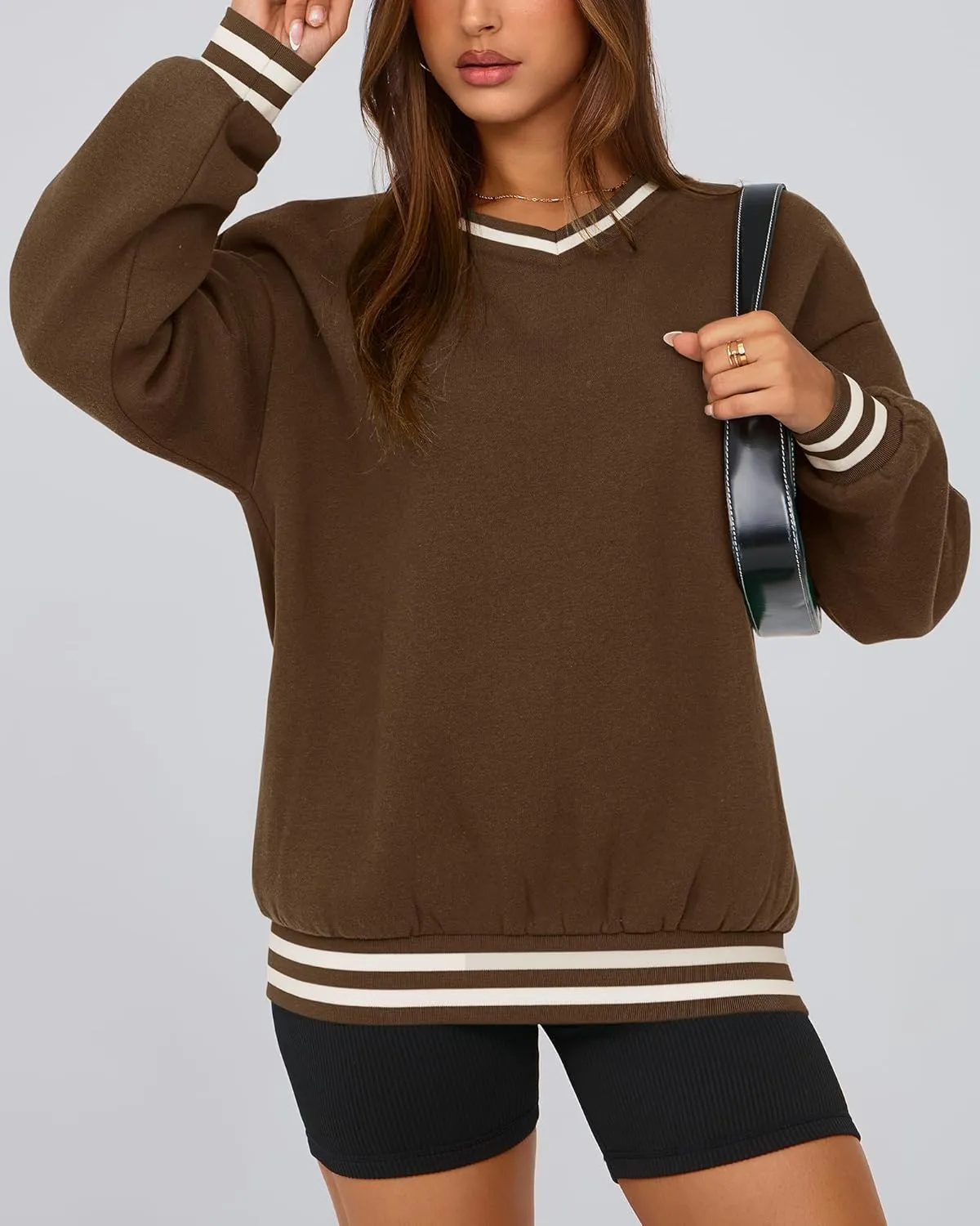 PRETTYGARDEN Women's Oversized Sweatshirts Casual Long Sleeve Stripes Knit V Neck Pullover Top Spring Teens Preppy Clothes