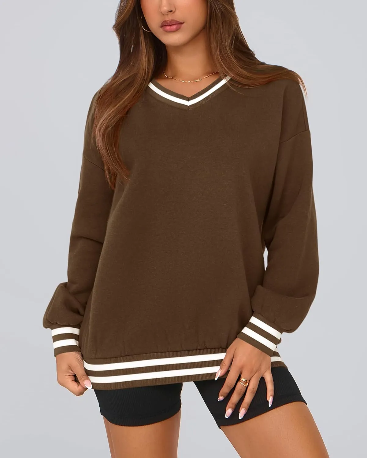PRETTYGARDEN Women's Oversized Sweatshirts Casual Long Sleeve Stripes Knit V Neck Pullover Top Spring Teens Preppy Clothes