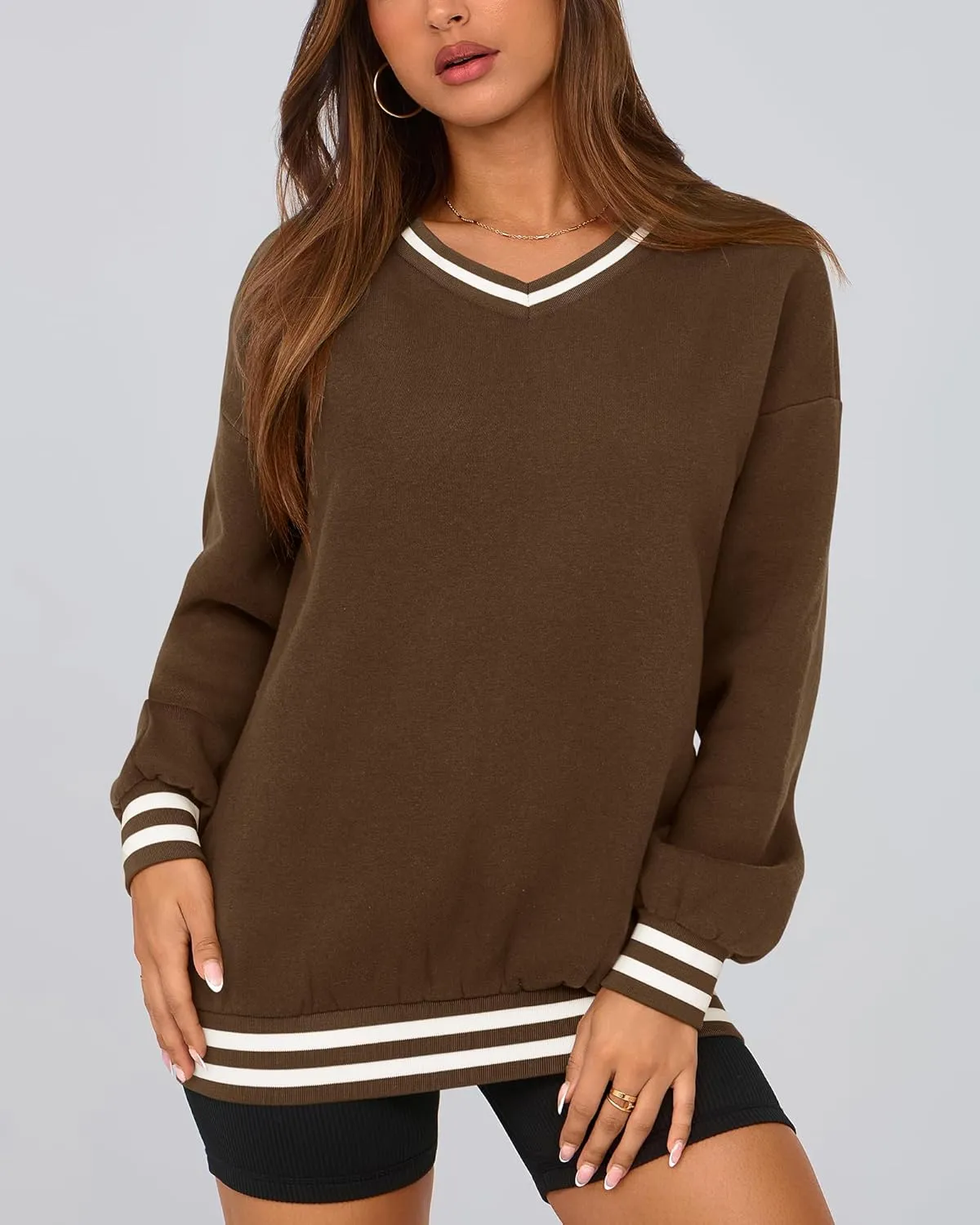 PRETTYGARDEN Women's Oversized Sweatshirts Casual Long Sleeve Stripes Knit V Neck Pullover Top Spring Teens Preppy Clothes