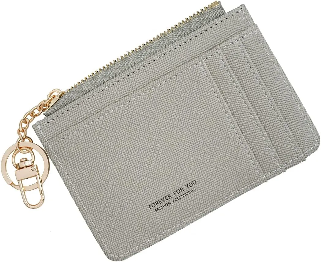 Prometheism Women Slim Leather Minimalist Front Pocket Wallet Card Case Holder with ID Window & Keychain (Grey)