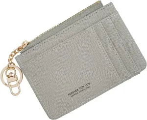 Prometheism Women Slim Leather Minimalist Front Pocket Wallet Card Case Holder with ID Window & Keychain (Grey)