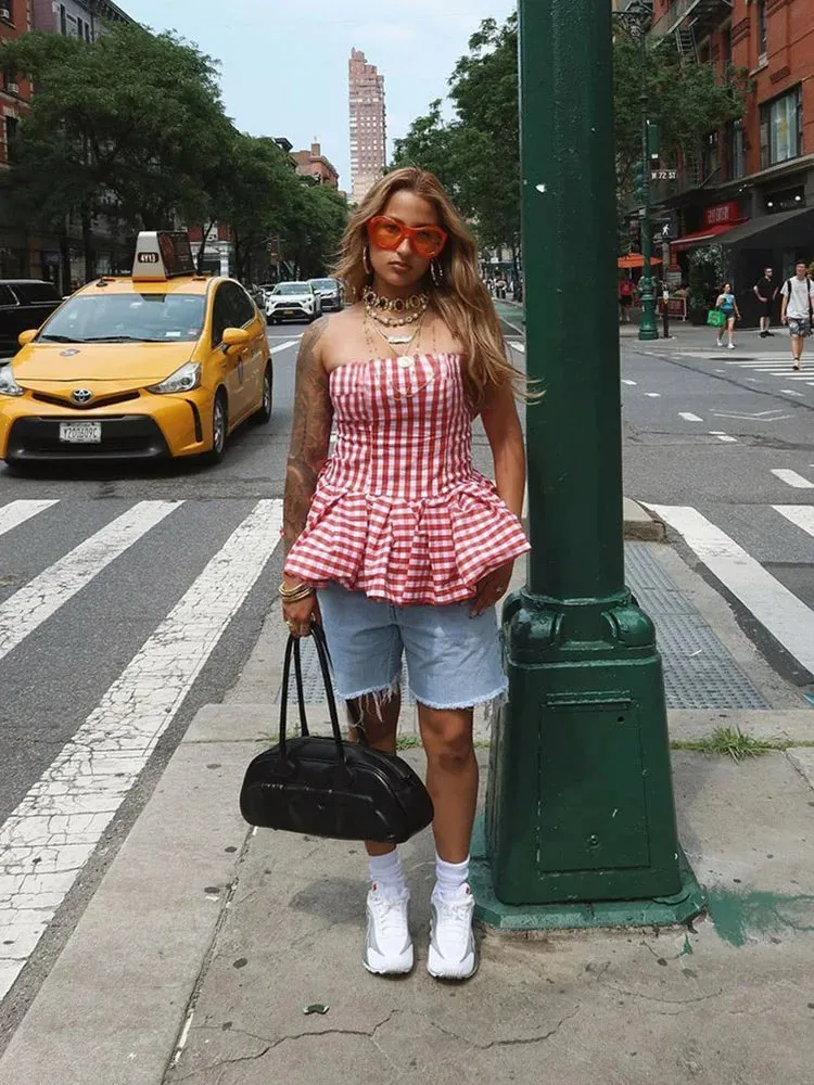 Red And White Checkered Print Strapless Top