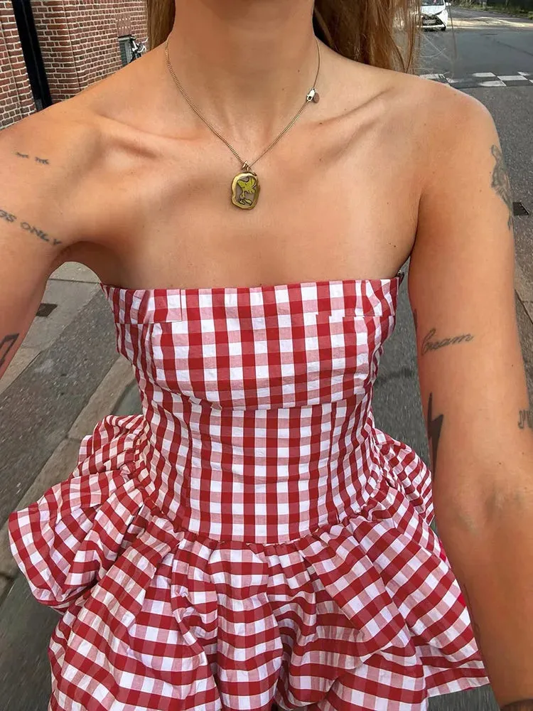 Red And White Checkered Print Strapless Top