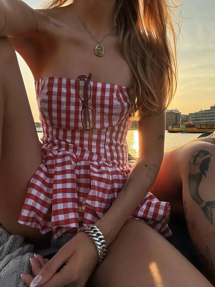 Red And White Checkered Print Strapless Top