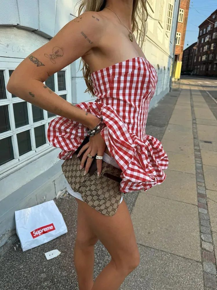 Red And White Checkered Print Strapless Top