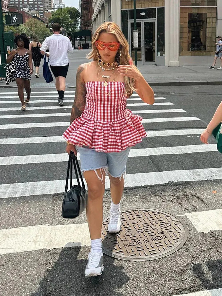 Red And White Checkered Print Strapless Top