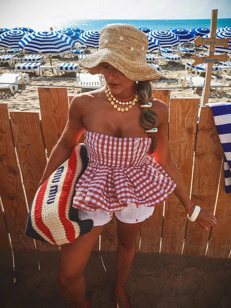Red And White Checkered Print Strapless Top