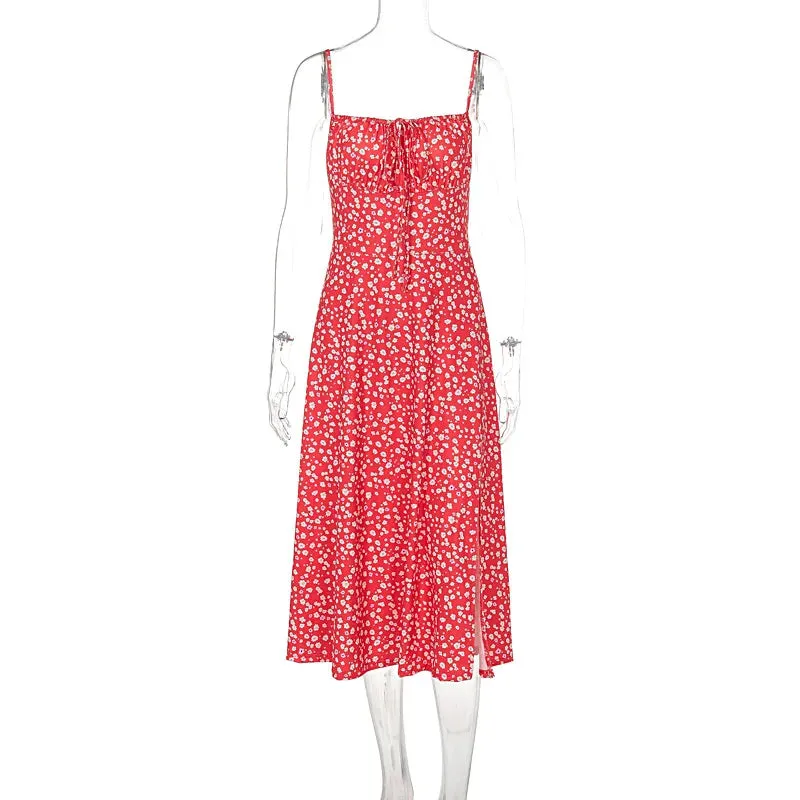 Red Floral Print Strap Split Midi Dress