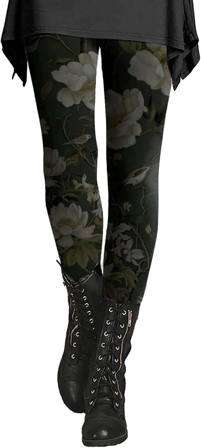 Retro Floral Printed Leggings High Waisted Yoga Pants for Women Workout Running Sports Tummy Control Stretch Trousers