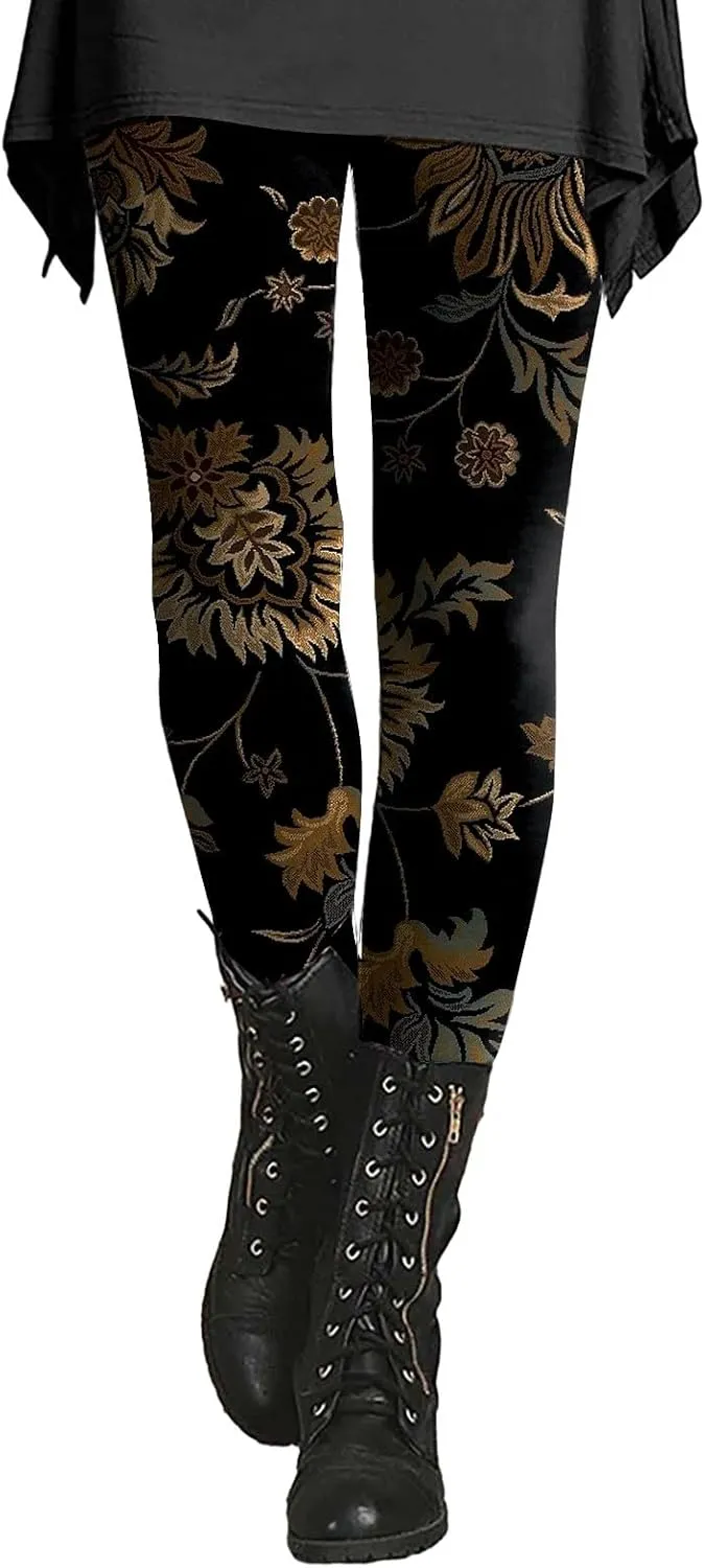 Retro Floral Printed Leggings High Waisted Yoga Pants for Women Workout Running Sports Tummy Control Stretch Trousers