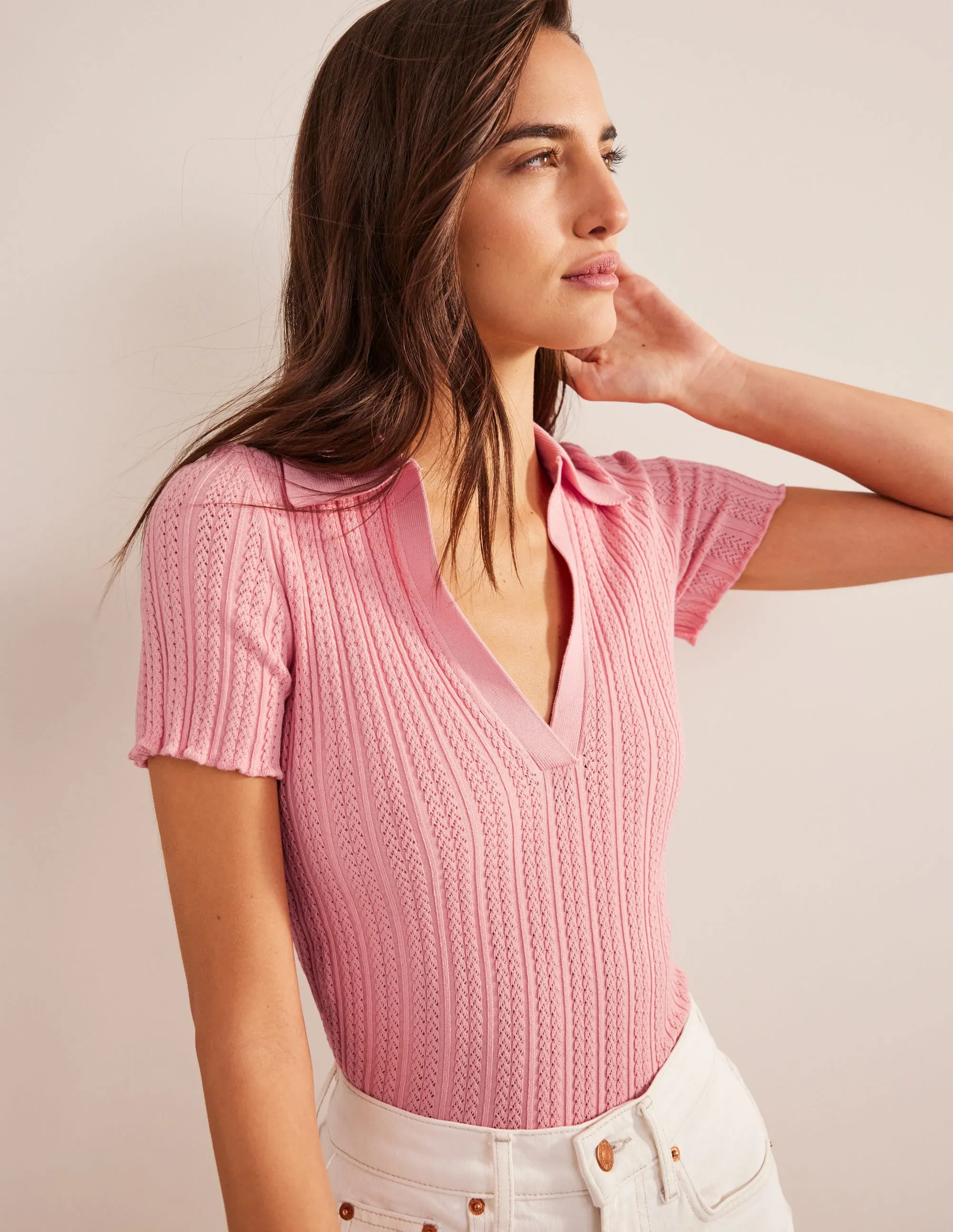 Ribbed Pointelle Collared Top-Dahlia Pink