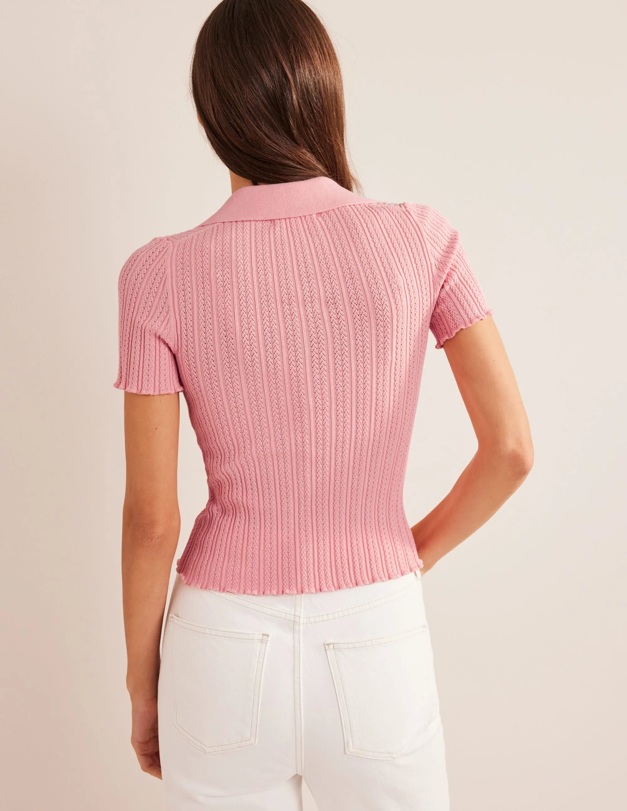 Ribbed Pointelle Collared Top-Dahlia Pink