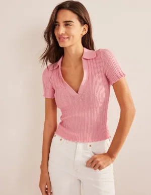 Ribbed Pointelle Collared Top-Dahlia Pink