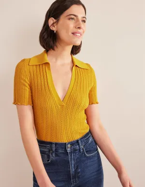 Ribbed Pointelle Collared Top-Harvest Gold