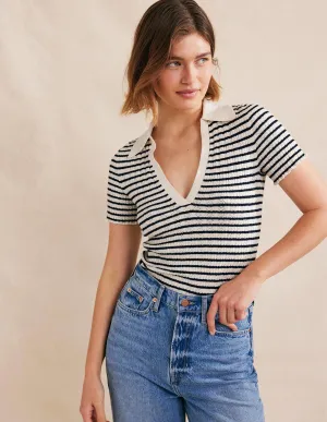 Ribbed Pointelle Collared Top-Ivory, Navy Stripe