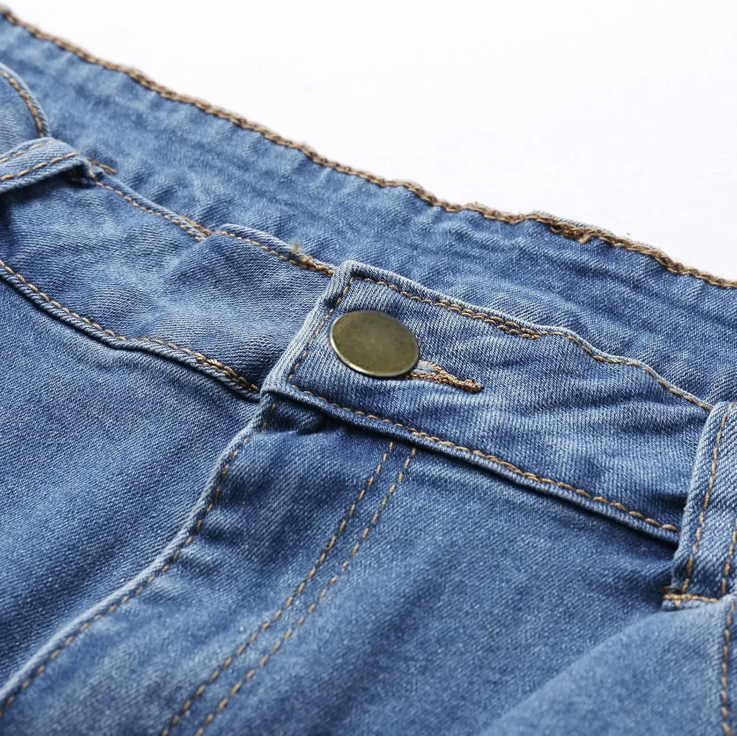 Ripped Jean Shorts for Women Button High Waisted Trendy Stretchy Knee Length Cutoff Washed Denim Jorts with Pockets