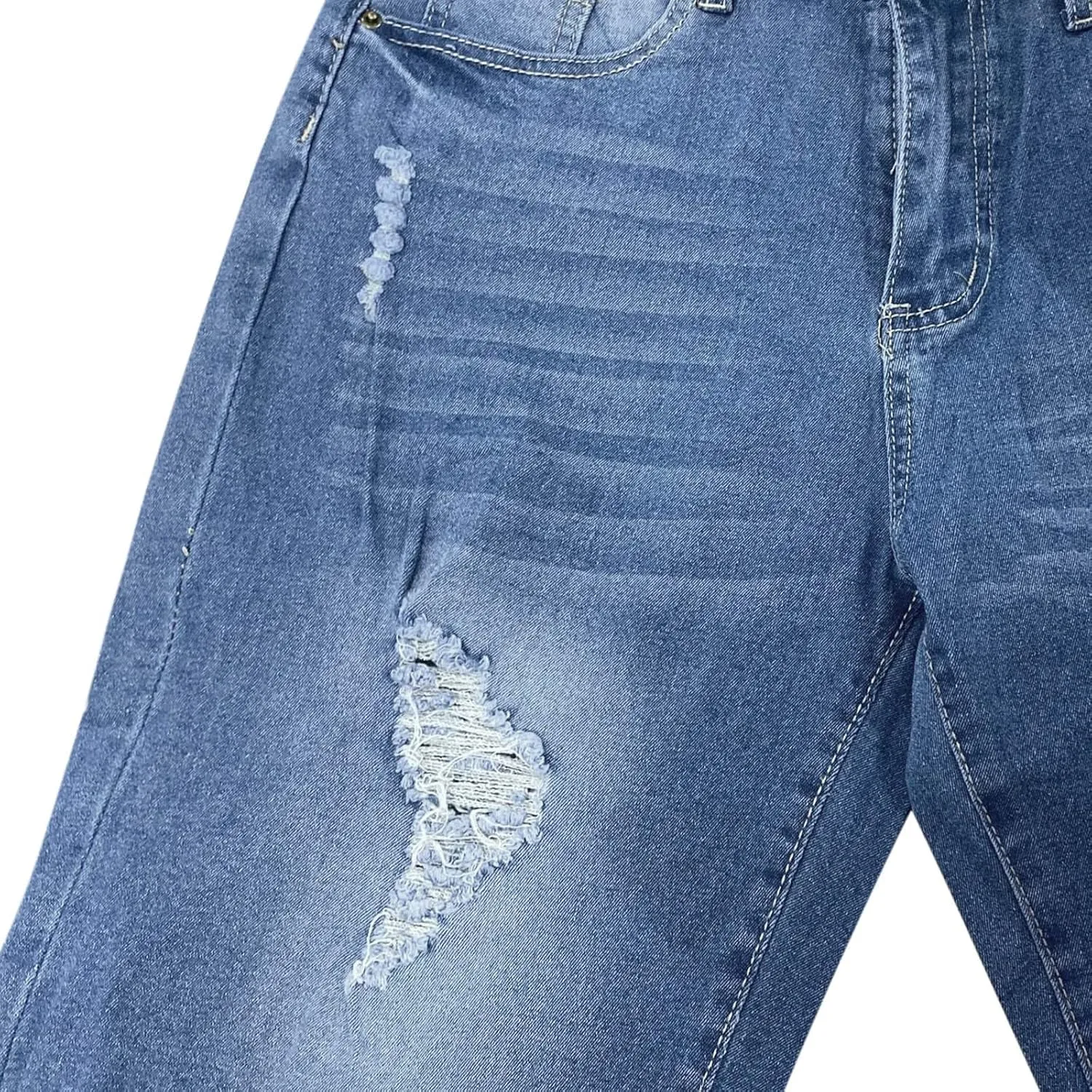 Ripped Jean Shorts for Women Button High Waisted Trendy Stretchy Knee Length Cutoff Washed Denim Jorts with Pockets