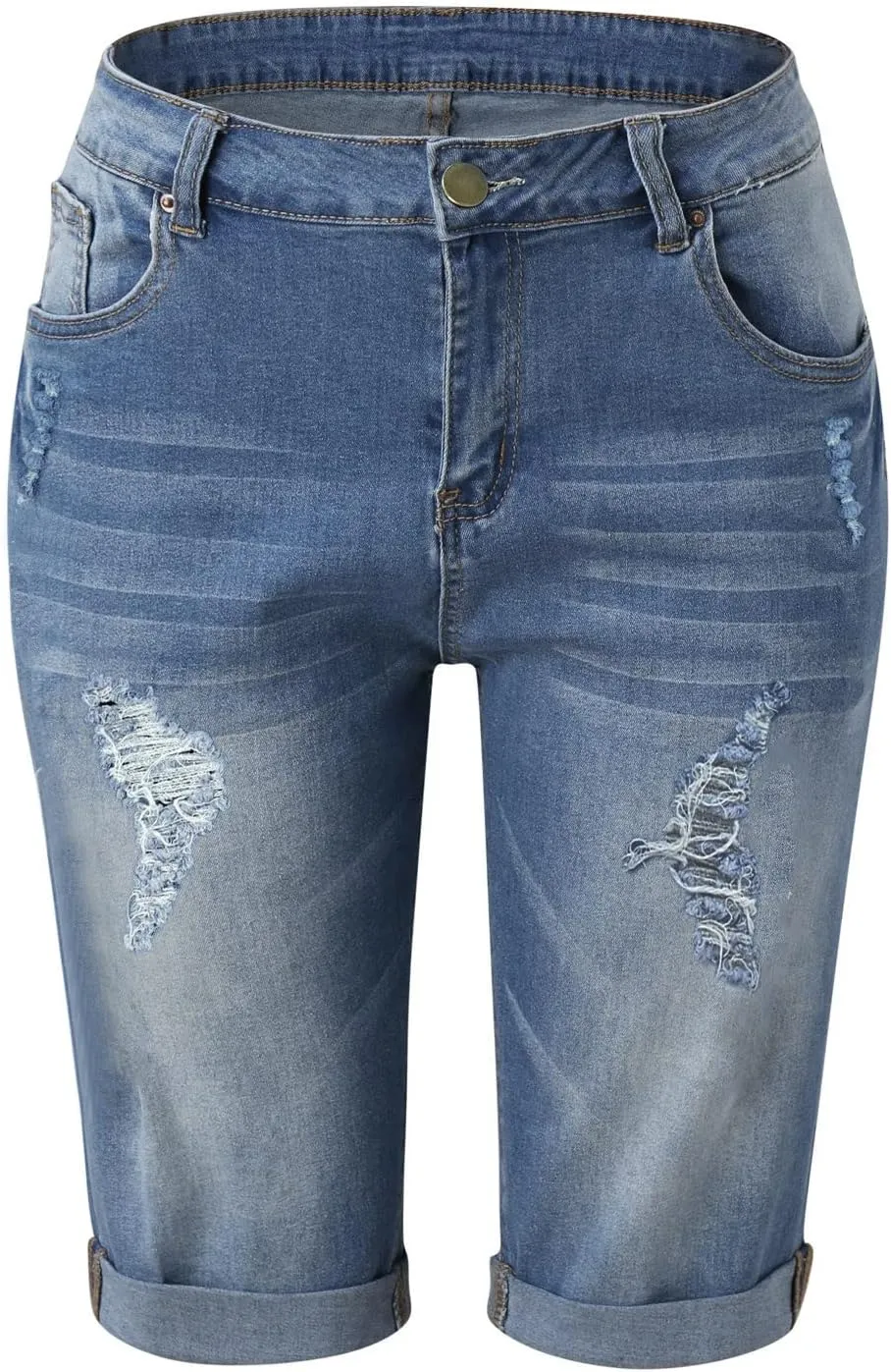Ripped Jean Shorts for Women Button High Waisted Trendy Stretchy Knee Length Cutoff Washed Denim Jorts with Pockets