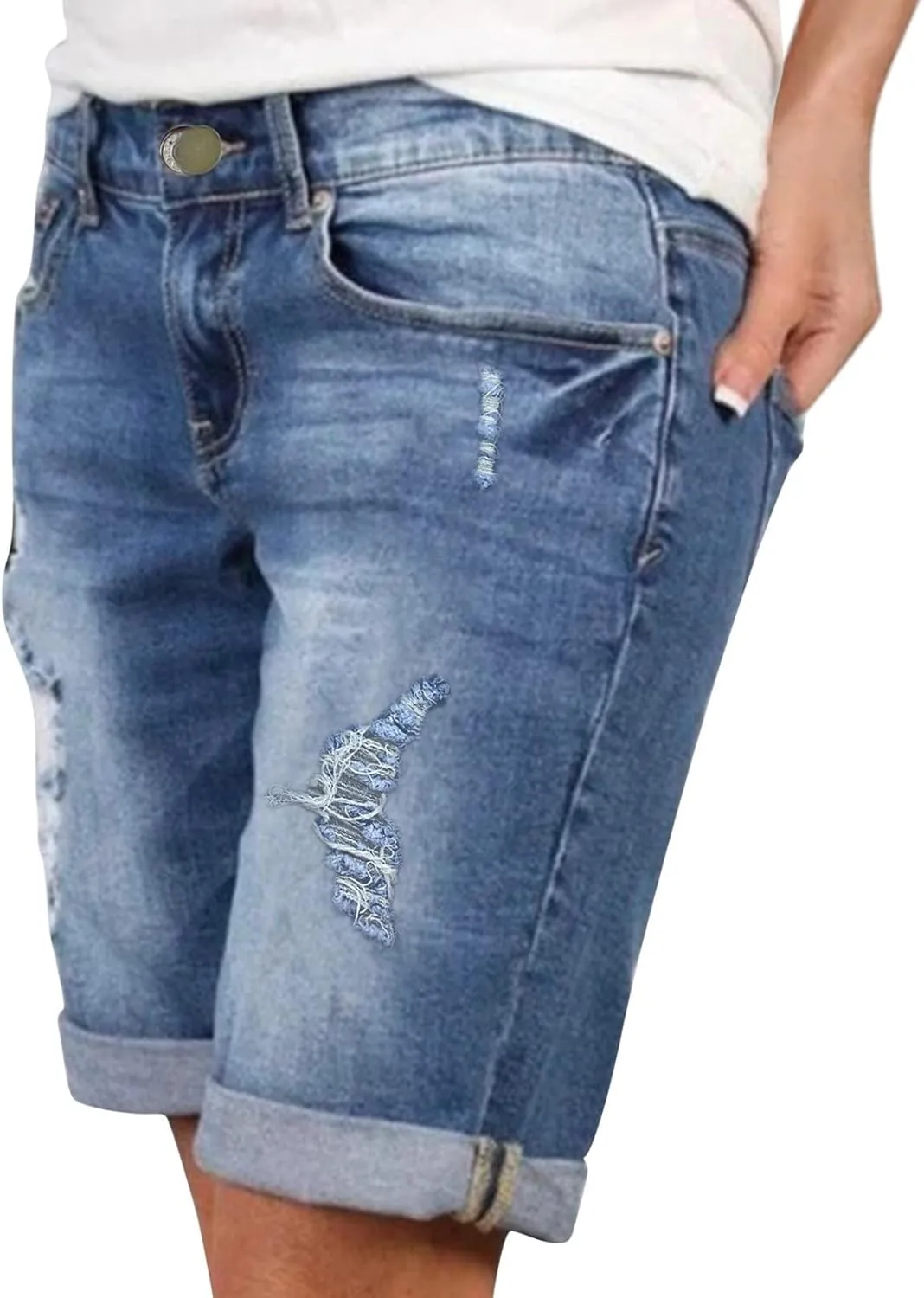 Ripped Jean Shorts for Women Button High Waisted Trendy Stretchy Knee Length Cutoff Washed Denim Jorts with Pockets