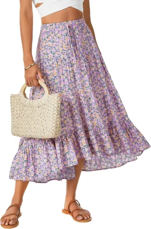 Rooscier Women's Floral Print High Low Drawstring Tiered Pleated High Waist A Line Midi Skirts