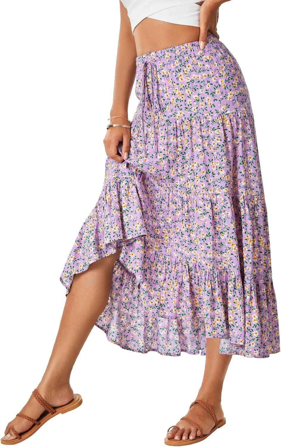 Rooscier Women's Floral Print High Low Drawstring Tiered Pleated High Waist A Line Midi Skirts