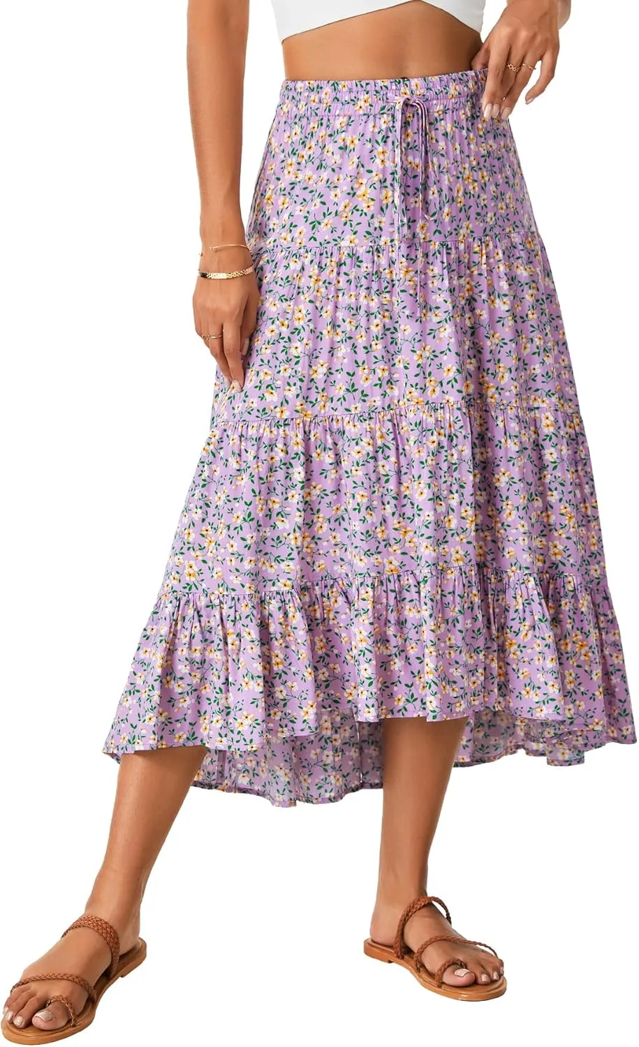 Rooscier Women's Floral Print High Low Drawstring Tiered Pleated High Waist A Line Midi Skirts