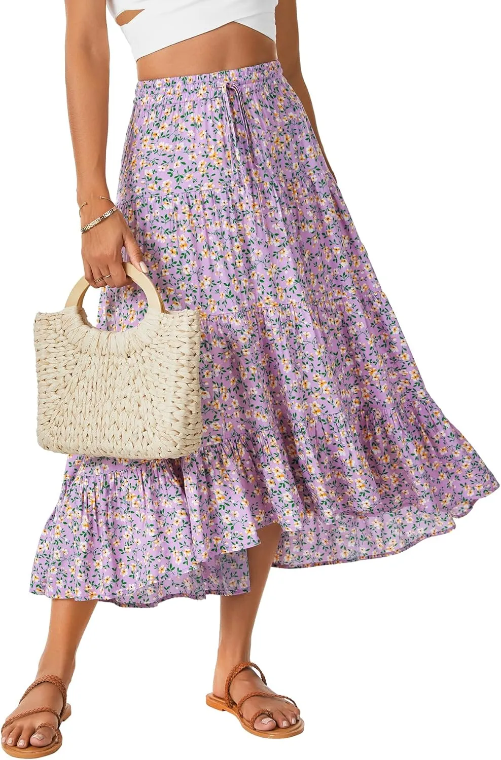 Rooscier Women's Floral Print High Low Drawstring Tiered Pleated High Waist A Line Midi Skirts