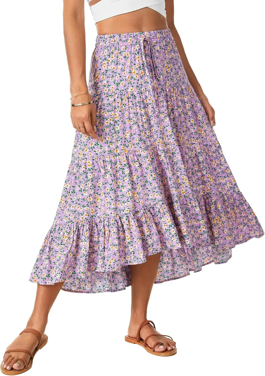 Rooscier Women's Floral Print High Low Drawstring Tiered Pleated High Waist A Line Midi Skirts