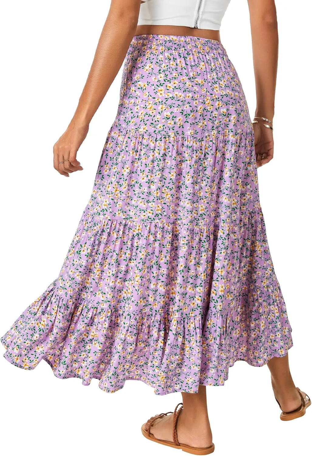 Rooscier Women's Floral Print High Low Drawstring Tiered Pleated High Waist A Line Midi Skirts