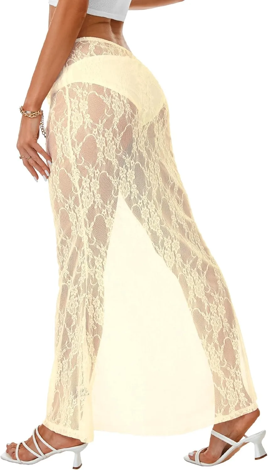 Rooscier Women's Lace Sheer Long Skirt High Waist A-line Summer Sexy Beach Maxi Skirts