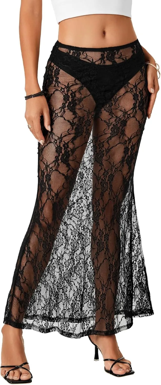 Rooscier Women's Lace Sheer Long Skirt High Waist A-line Summer Sexy Beach Maxi Skirts