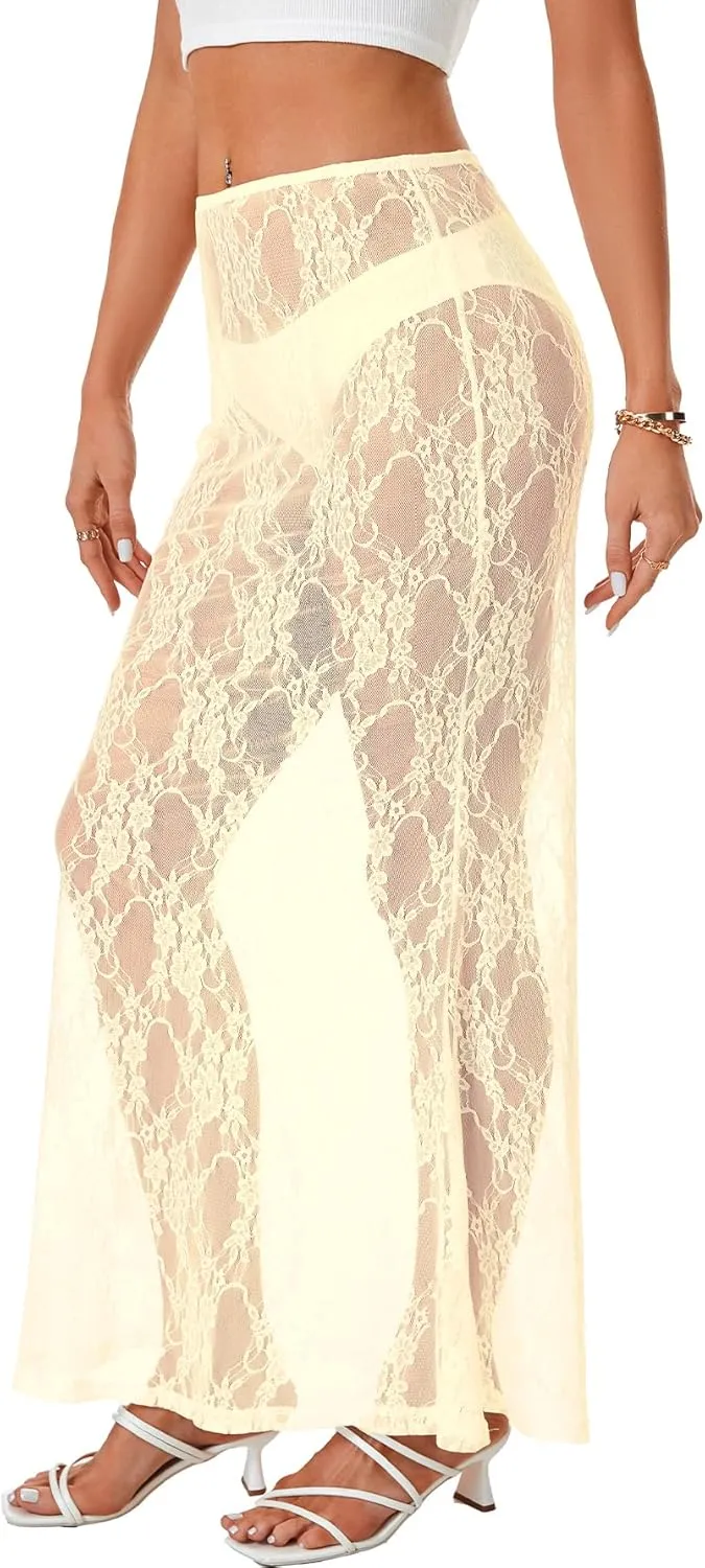 Rooscier Women's Lace Sheer Long Skirt High Waist A-line Summer Sexy Beach Maxi Skirts